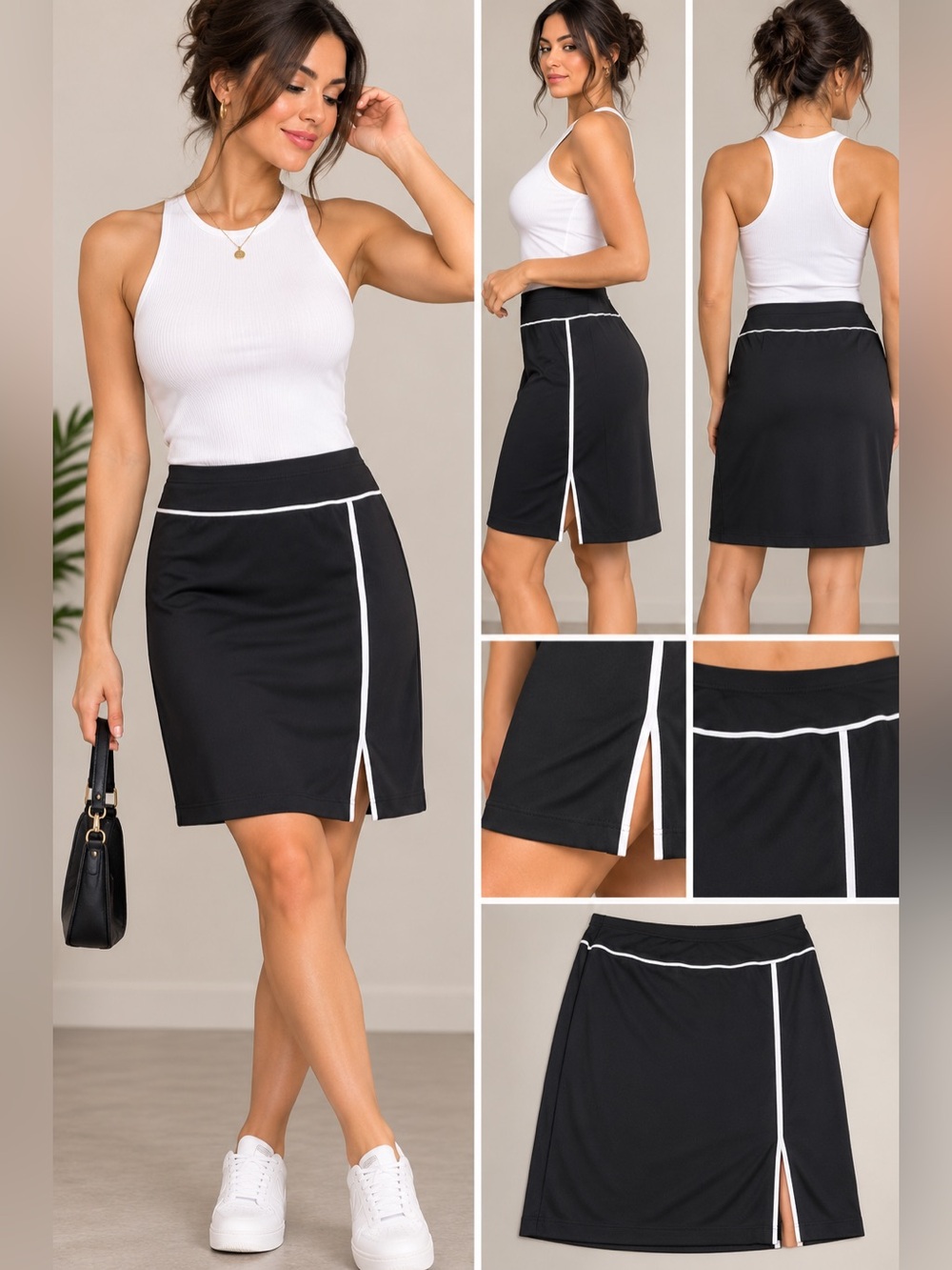 Vintage Y2K Notations Black Midi Skirt White Piping Slit Medium
